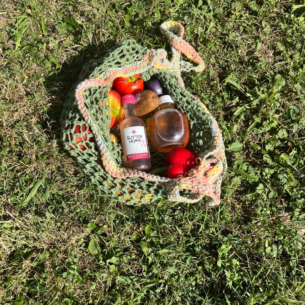 handstitched olive green Monet inspired French style crochet market bag